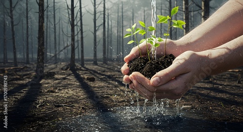 A seedling being nurtured with care in hands, with a forest in the background, symbolizes renewal and environmental protection.