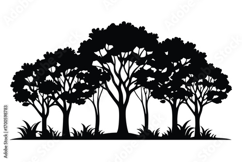 Silhouette of Forest Trees with Dense Foliage and Wild Grass Landscape Illustration Design
