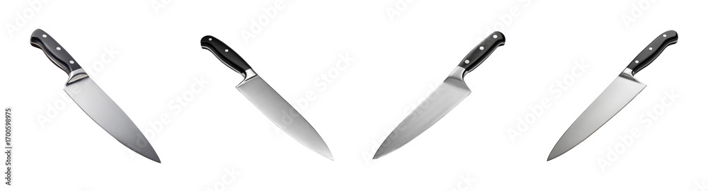 Obraz premium Set of four sharp professional chef's knives, isolated on black background, ideal for culinary concepts, PNG set, transparent background