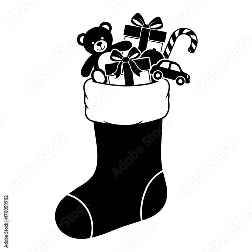 Christmas stocking filled with gifts and toys silhouette isolated on white background
