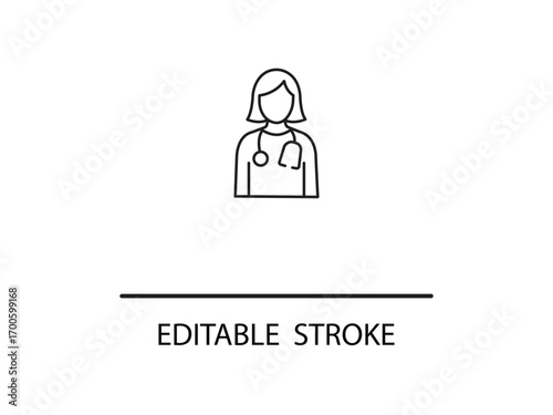 Modern line art icon of a friendly female doctor ready to provide medical care and health advice for telemedicine and clinic promotions.