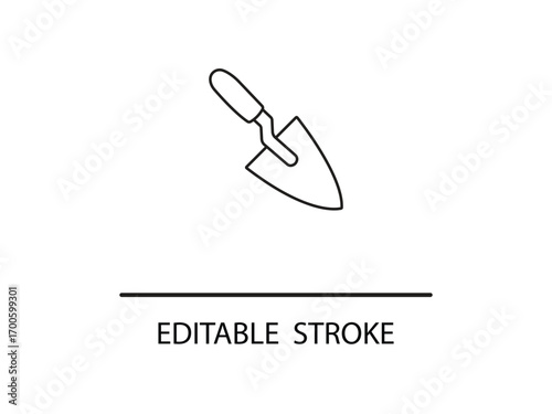 Minimalist garden trowel line icon perfect for DIY gardening guides and landscaping projects with editable stroke for custom design.