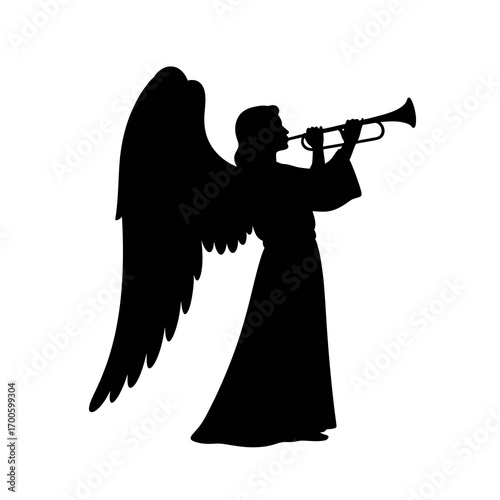 Angel blowing trumpet silhouette isolated on white background