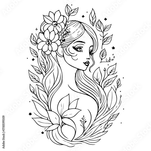 mythical beautiful xana with floral illustration sketch hand draw
