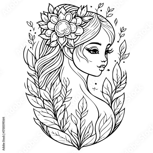mythical beautiful xana with floral illustration sketch hand draw
