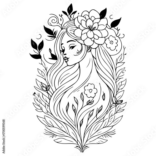 mythical beautiful xana with floral illustration sketch hand draw