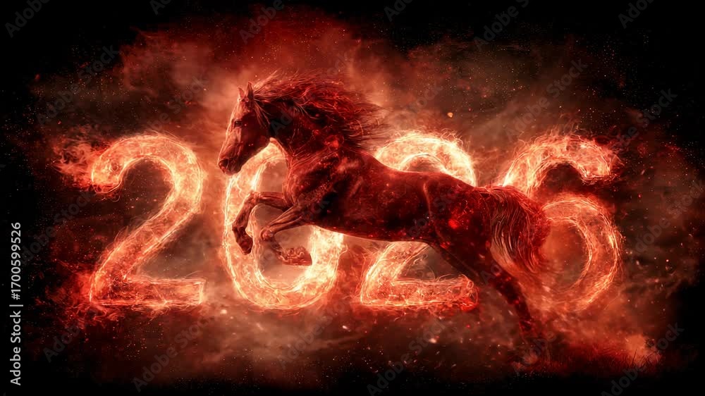 Fiery 2026 inscription with silhouette of a Red Horse, bright symbol of ...
