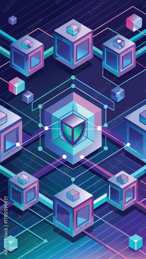 Fototapeta premium Abstract isometric illustration of data security and network connectivity with digital cubes and shield symbol.