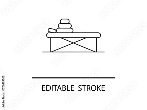 Relaxing spa treatment stones on massage table promote wellness and balance in modern aesthetic line art for health and beauty marketing.