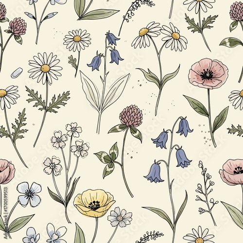 Whimsical wildflower garden pattern with daisies, clover, and bluebells illustration, patern seamless, Stock royalty.