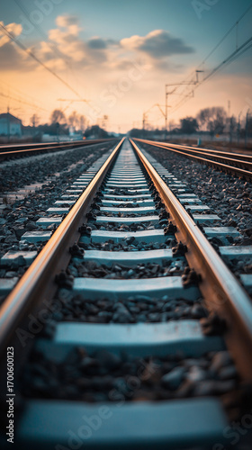 Train Tracks Leading Into the Horizon at Sunset Railway Infrastructure Photography Serene Landscape View Transportation & Logistics Concept