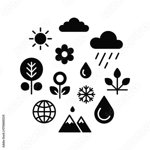 Nature's elements circle icons sun cloud rain snowflake tree flower earth mountain water droplet ecosystem icons