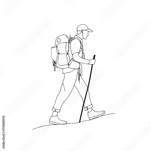 Man hiking with backpack trekking pole adventure outdoor travel nature mountain tourism walking explore journey 100