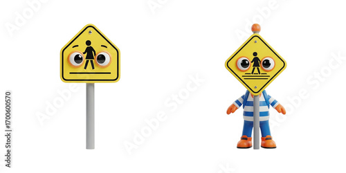 Cartoon pedestrian sign and character illustration showing yellow crossing sign with cartoon eyes and matching sign-dressed character with orange gloves, shoes, and striped suit