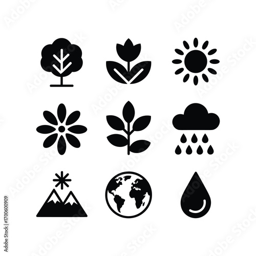 Set of nine black nature and environment icons including sun cloud rain tree flower earth mountains and water drop