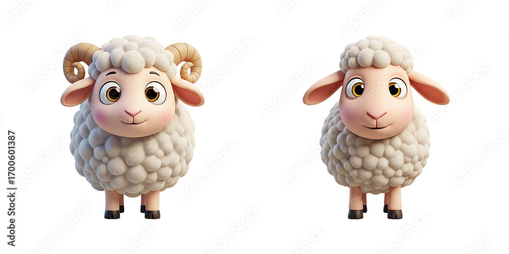 Fototapeta premium Cartoon sheep characters with fluffy coats, expressive eyes, pink cheeks, curled horns on the ram, smoother wool on the ewe, cheerful faces, and playful cartoon farm animal designs