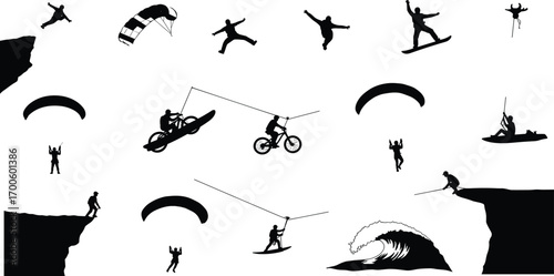 Extreme sports silhouettes with skydiving, paragliding, mountain climbing, biking, surfing, kayaking, ziplining, adrenaline activities, adventure, outdoor sports action
