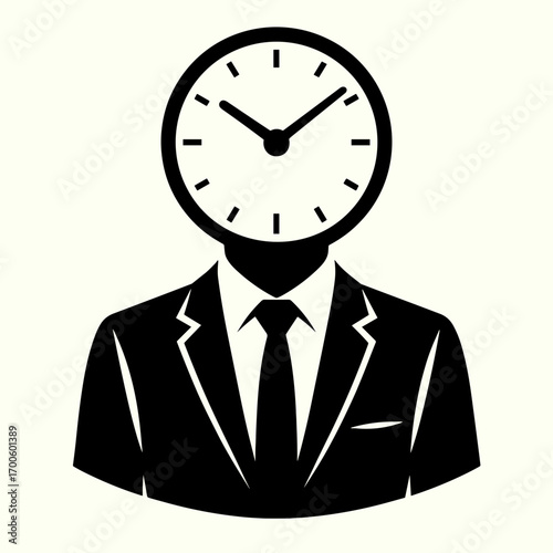 Conceptual figure of a businessman with a clock for a head in a bold black silhouette on a light background