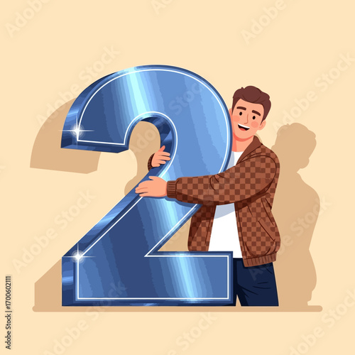 Smiling man embraces a giant number two, representing the concept of achievement and success