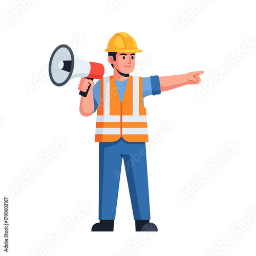 Construction foreman character holding a megaphone and pointing. Industrial site manager in a hard hat and safety vest giving instructions