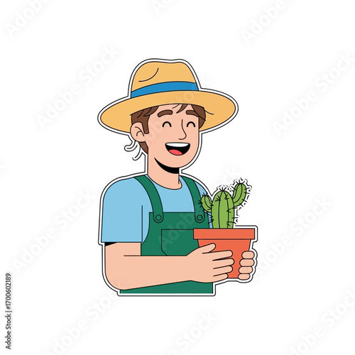 Happy Farmer Holding a Potted Cactus A Symbol of Growth and Cultivation in Nature