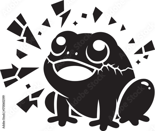 Surprised black silhouette frog character with shattered glass effect art