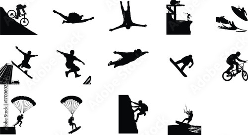 Extreme sports silhouettes, mountain biking, skydiving, cliff diving, snowboarding, rock climbing, kite surfing, adventure activities, action sports vector set