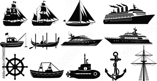 Silhouettes of ships, yachts, pirate boats, cruise liners, submarines, and anchors, perfect for nautical, travel, and marine design themes