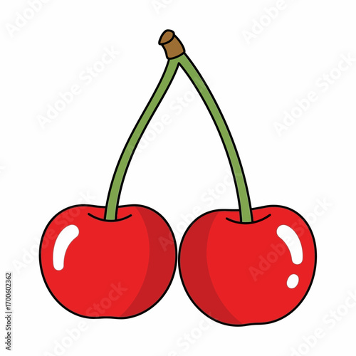 Bright red double cherries illustration with lush green stems, perfect for vibrant dessert menus, healthy snack themes, or sweet summer fruit designs