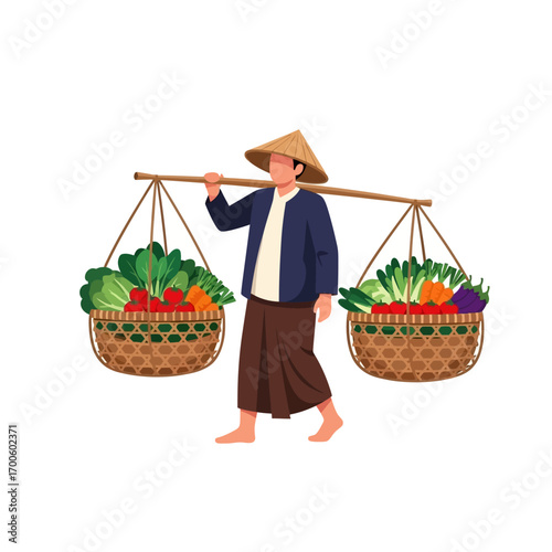 Traditional Asian farmer carrying a shoulder pole with baskets of fresh organic vegetables, vector illustration isolated on white