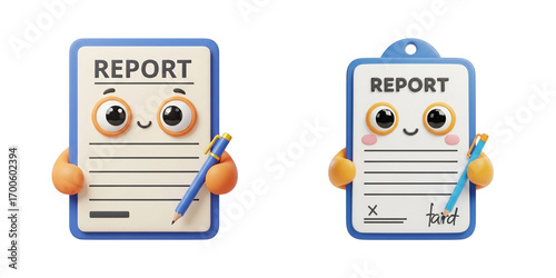 Cartoon report cards with smiling faces, blue borders, playful pens, checkboxes, and cheerful eyes, perfect for academic themes, school icons, or educational cartoon artwork