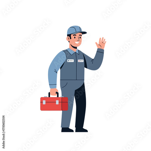 Friendly repairman in uniform carrying a red toolbox and waving hello, illustration