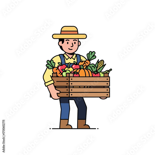 Farmer holding a crate full of fresh vegetables and fruits, healthy organic produce