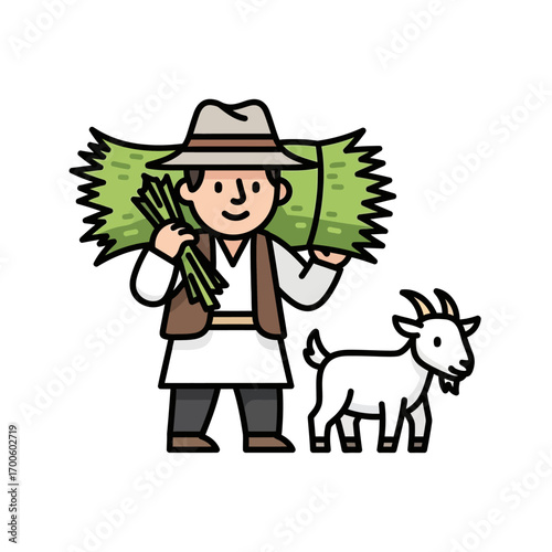 Simple vector icon of a farmer with hay and a small goat. Cartoon character illustration of agricultural and rural farm life