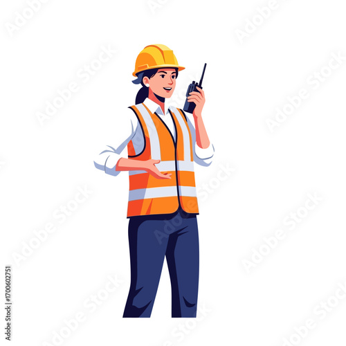 Confident female construction worker in safety gear, utilizing a walkie-talkie for effective communication and project management in industrial settings