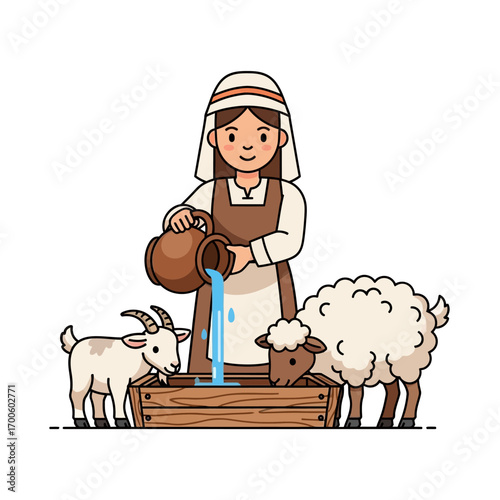 Farm scene illustration of a woman pouring water for a sheep and a goat from a jug