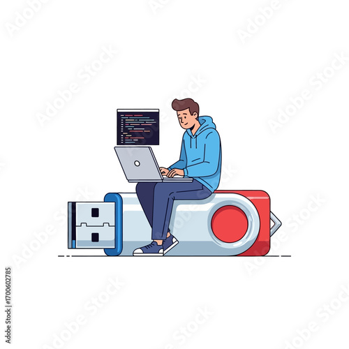Programmer working on a laptop, sitting on a USB flash drive, digital data storage and technology concept
