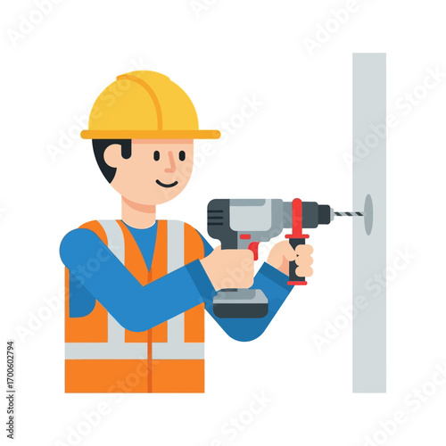 Construction worker using a drill to make a hole in a wall, wearing safety gear