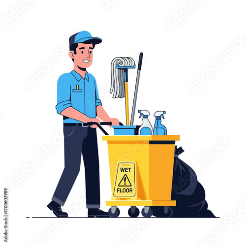 Smiling male janitor pushing a cleaning cart with supplies and a wet floor sign, full body