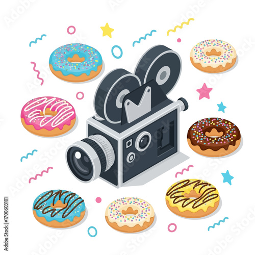 Conceptual isometric vector illustration blending the world of filmmaking with delicious sweet food, featuring a retro camera and colorful donuts