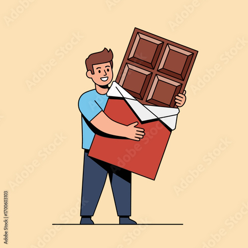 A joyful individual gleefully holds a massive chocolate bar, celebrating a moment of sweet indulgence and pure delight, perfect for any treat lover