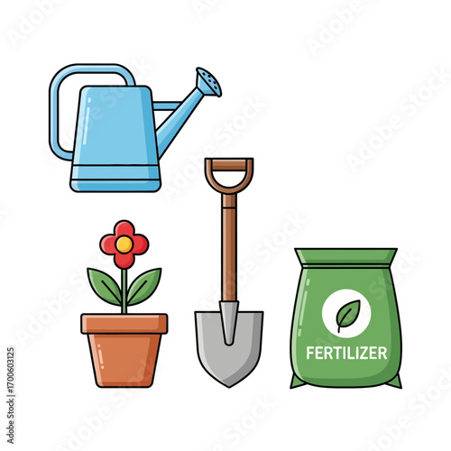 Gardening tools and supplies including a watering can, flower pot, shovel, and fertilizer bag