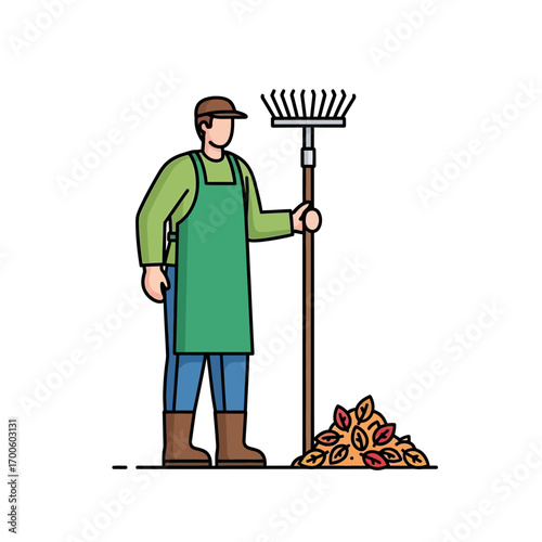 Gardener with rake and pile of autumn leaves, illustration of seasonal yard work and fall cleanup