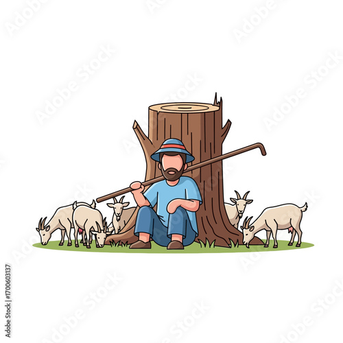 A cartoon goatherd resting against a tree stump while his herd of goats graze peacefully in a field