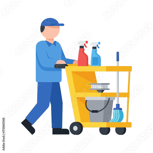 Dedicated Professional Pushing a Cleaning Cart Equipped with Essential Supplies for Thorough Janitorial and Maintenance Services