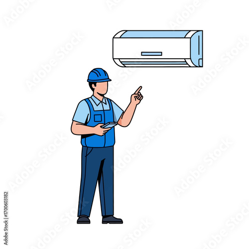 HVAC technician character inspecting a wall-mounted air conditioner. Vector illustration of a serviceman providing maintenance and repair