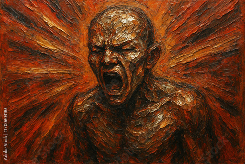Abstract figure radiating negative emotions with warm and metallic colors in contemporary impasto style