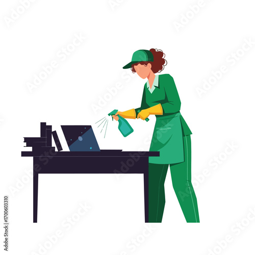 Cleaning Lady Disinfecting Laptop and Desk