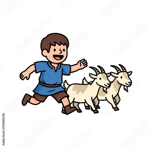 A cheerful cartoon boy running alongside two friendly goats in a playful scene of farm life and friendship