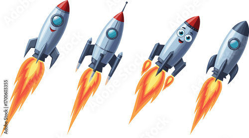 Cartoon rocket ships launching with fire trail, vector illustration of cute space rockets, colorful spaceship clipart for kids, isolated on white